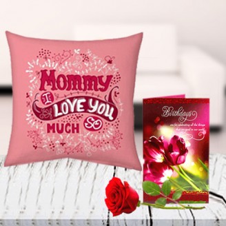 Cushion with greeting card and rose Mothers Day Special Delivery Jaipur, Rajasthan